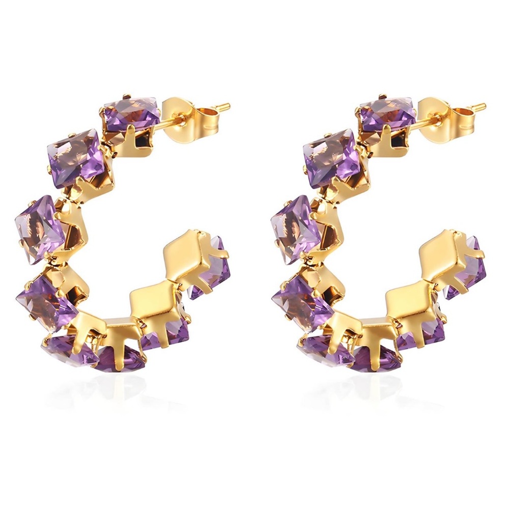 Gold Hoop Earrings with Purple Crystal Accents